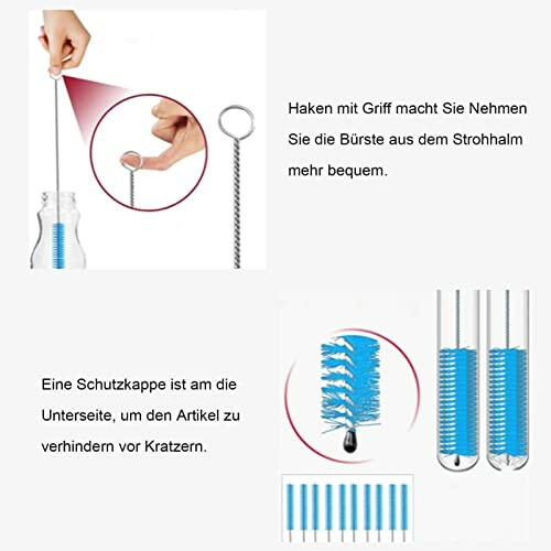 Brosse de nettoyage pour bouteille avec manche et capuchon de protection.