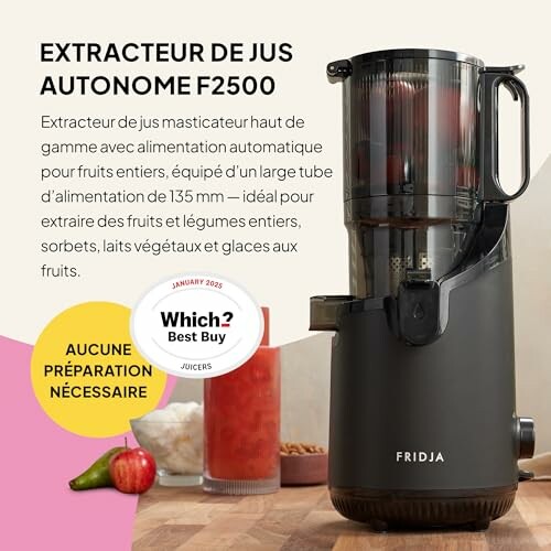 Extracteur de jus autonome Fridja F2500 avec légumes et fruits.