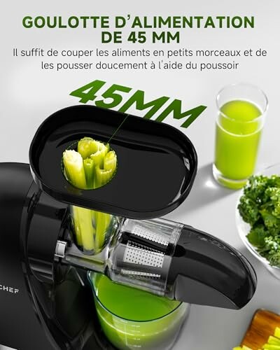 Extracteur de jus avec goulotte de 45 mm et verre de jus vert.