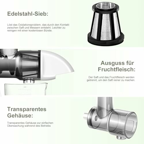 Détails d'un filtre en acier inoxydable et d'un extracteur de pulpe pour un presse-agrumes.