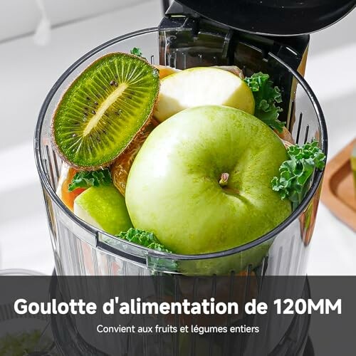 Extracteur de jus avec fruits et légumes prêts à être mixés.
