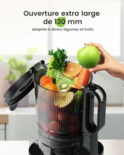 Mélangeur avec grande ouverture, légumes et fruits.